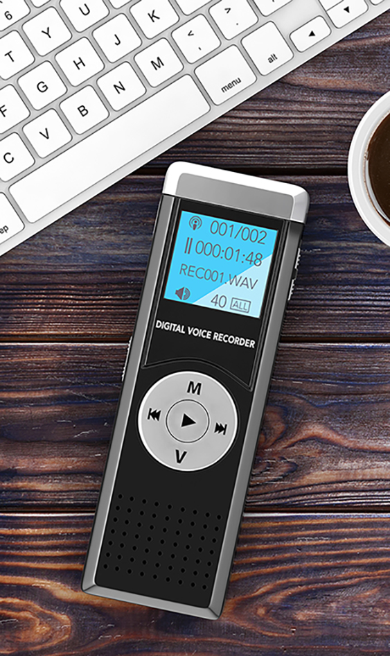 Journalist Digital Voice Recorder or Dictaphone, Keyboard, Blank Note Pad with Pen and Cup of Coffee on a wooden table. 3d Rendering